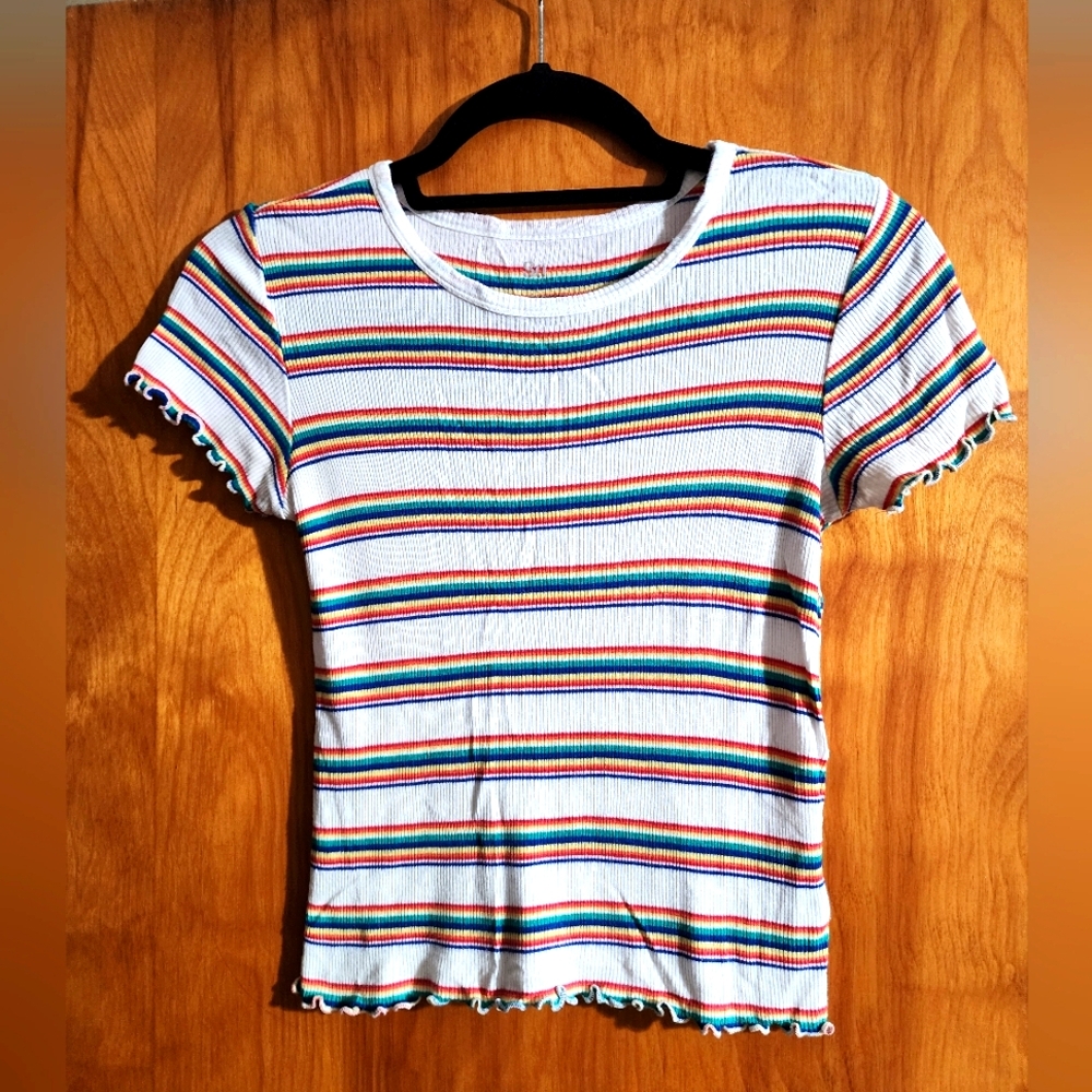 SO Brand Rainbow Striped Stretch Women's Short Sleeve Top Size Small